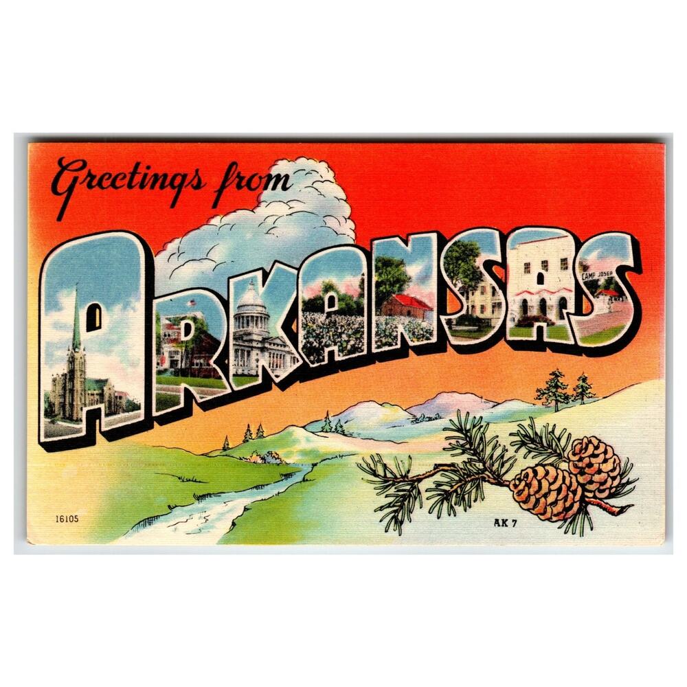 Greetings From Arkansas Large Letter Linen Postcard Pine Cones US State View